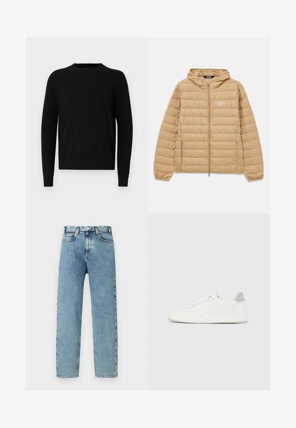Veste à capuche matelassée marron clair avec fermeture éclair sur le devant et logo EA7 Emporio Armani sur la poitrine gauche.; Pull noir en maille avec col ras du cou, détails côtelés aux épaules et aux poignets, et coupe régulière. Texture douce, sans motifs ni accents.; Jeans en denim bleu clair avec une coupe droite, cinq poches et fermeture par bouton en laiton. Le tissu présente une texture légèrement usée et un aspect délavé.; Baskets basses blanches avec un onglet de talon gris, des lacets blancs et une semelle texturée, présentées sur un fond uni clair.