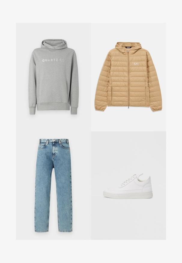 Kergelt pruunist õmblustatud kapuutsiga jakk, millel on ees lukk ja EA7 Emporio Armani logo vasakul rinnal.; Hallitusroheline kapuutsiga sviiter, mis on valmistatud pehmest kangast. Sellel on reguleeritav kapuuts ja eesmine tasku, millel on rinnaosas diskreetne "QUARTZ CO" trükk.; Hele sinised teksapüksid sirge säärega, viie tasku ja messingist nööpidega kinnitusega. Kangal on veidi tekstuuriga, pleekinud välimus.; Valge nahast tennisking ümarate varvastega, tasase tallaga ja eespaelaga. Omab õmbluste detaile ning pehmet ääreosa mugavuse tagamiseks.