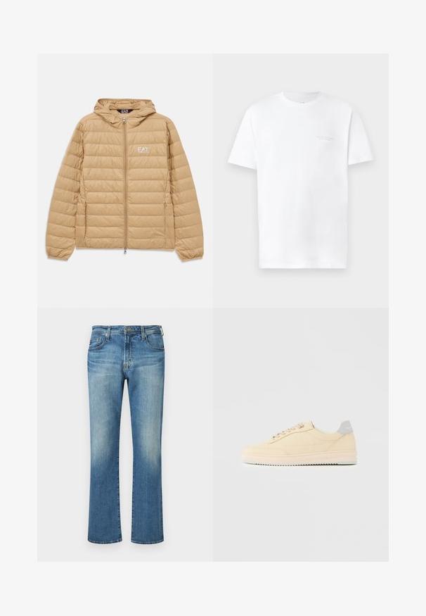 Veste à capuche matelassée marron clair avec fermeture éclair sur le devant et logo EA7 Emporio Armani sur la poitrine gauche.; T-shirt en coton blanc à manches courtes, encolure ronde, présentant un imprimé logo gris subtil sur la zone gauche de la poitrine et une texture lisse.; Pantalon en denim bleu, design à jambe droite avec un délavage, présentant un style classique à cinq poches et des accents en métal.; Baskets basses beige à lacets, semelle rose clair et languette grise à l'arrière marquée "Filling Pieces", vues de profil sur fond uni.