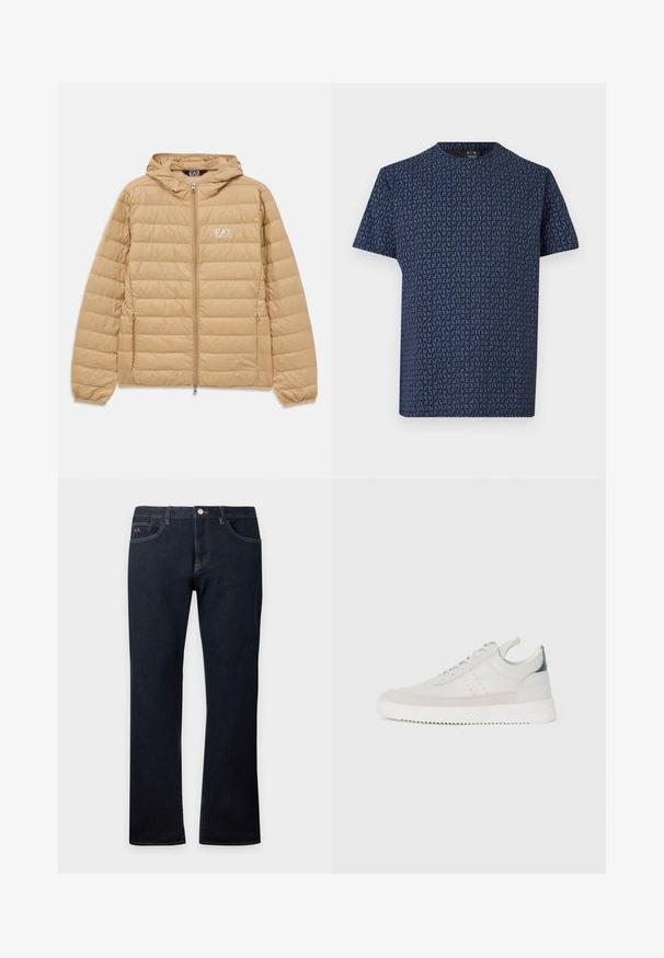 Lichtbruin gewatteerd jack met capuchon, voorzien van een ritssluiting aan de voorkant en het EA7 Emporio Armani-logo op de linkerborst.; Donkerblauw T-shirt met korte mouwen, met een overal herhalend patroon van lichtblauwe "AX" letters en een ronde hals.; Donkerblauwe recht gesneden spijkerbroek met voor- en achterzakken, zichtbare stiknaden en een knoopsluiting in de taille.; Witte leren sneakers met grijze suède accenten, vetersluiting, een trekhaak en een gestructureerde rubberen zool met een zigzagpatroon.