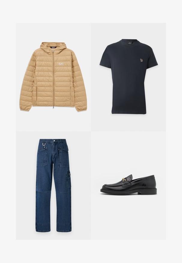 Lichtbruin gewatteerd jack met capuchon, voorzien van een ritssluiting aan de voorkant en het EA7 Emporio Armani-logo op de linkerborst.; Marineblauw T-shirt met korte mouwen en een ronde hals met een klein meerkleurig olifantenlogo op de linkerborst.; Donkerblauwe denim cargo broek met een rechte snit, voorzien van meerdere zakken, metalen hardware en contrasterende stiksels.; Zwarte leren instappers met een ronde neus, voorzien van een gouden hardware accent en stikdetails, geplaatst op een lage, getextureerde rubberen zool.