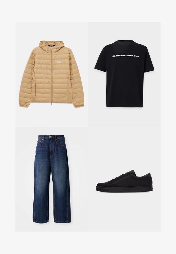 Veste à capuche matelassée marron clair avec fermeture éclair sur le devant et logo EA7 Emporio Armani sur la poitrine gauche.; T-shirt noir manches courtes col rond avec le logo blanc EMPORIO ARMANI imprimé sur la poitrine sur un fond uni.; Jean large bleu foncé en denim. Comprend une ceinture classique avec passants, des poches avant et une silhouette droite.; Basket basse noire avec motif logo ton sur ton, design à lacets et semelle plate sur un fond clair uni.