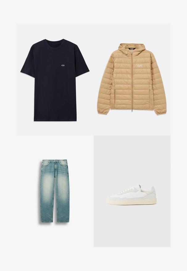 Hellbraune gesteppte Jacke mit Kapuze, Frontreißverschluss und EA7 Emporio Armani-Logo auf der linken Brust.; Marineblaue Baumwoll-T-Shirt mit kurzen Ärmeln und Rundhalsausschnitt. Mit einem kleinen weißen "A|X"-Logo auf der linken Brustseite.; Hellblaue Straight-Leg-Jeans mit ausgebleichten Stellen an den Oberschenkeln, vorderen Taschen, Gürtelschlaufen und Knopfverschluss an der Taille.; Weißer Sneaker mit strukturiertem Obermaterial aus Wildleder und Leder. Verfügt über eine runde Zehenpartie, Schnürverschluss und eine kontrastierende beige Gummisohle.