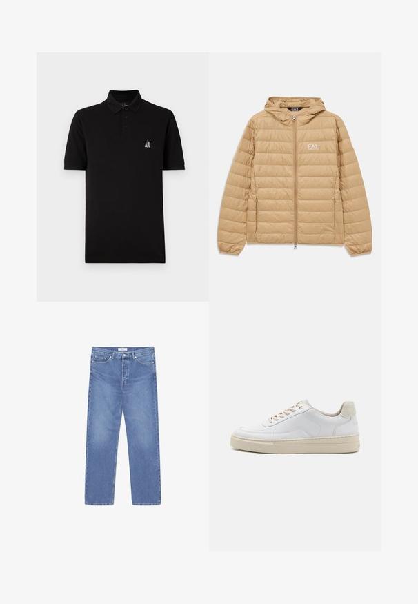 Veste à capuche matelassée marron clair avec fermeture éclair sur le devant et logo EA7 Emporio Armani sur la poitrine gauche.; Polo noir fabriqué en tissu doux, avec un col boutonné, des manches courtes et un petit logo blanc sur la poitrine gauche.; WOOD WOOD WW TYPE 2 DENIM STRAIGHT LEG - Jean droit - ocean; Sneaker blanche avec un dessus en cuir lisse, des lacets beige et un onglet de talon en daim beige texturé. Semelle surélevée pour une hauteur supplémentaire.