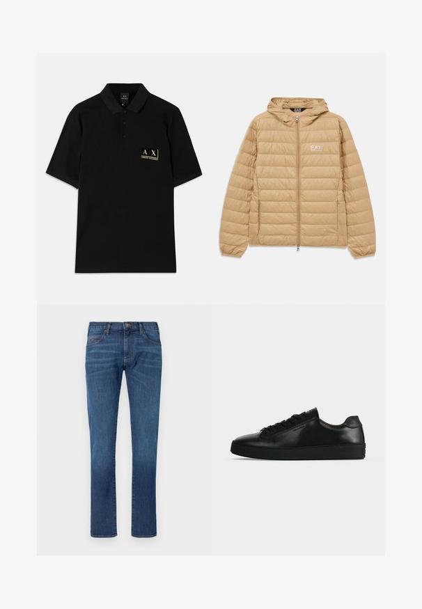 Kergelt pruunist õmblustatud kapuutsiga jakk, millel on ees lukk ja EA7 Emporio Armani logo vasakul rinnal.; Must kärg ja puuvillane polo särk, millel on kolme nupuga lähenemine ja kuldne brodeeritud logo vasakul rinnal. Lühikesed varrukad, klassikaline lõige.; Sinised teksapüksid sirgete sääreotstega, klassikalise viiepokimustriga ja nööpsulguga. Kangast pisut tuhmunud efekt.; Mustad madala säärega nahast tossud mustade paelte ja paksu musta tallaga, näidatud külgvaates heledal hallil taustal.