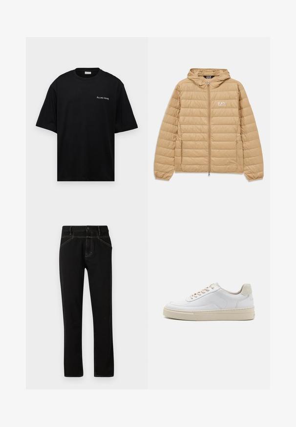 Lysebrun kviltet hættejakke med frontlynlås og EA7 Emporio Armani-logo på venstre bryst.; Sort bomulds t-shirt med en afslappet pasform, korte ærmer og et hvidt "FILLING PIECES" logo på venstre bryst. Glat tekstur.; Sorte denim jeans med lige pasform, prydet med gule syninger, fem lommer og en frontlukning med knap. Glat tekstur og minimalistisk design.; Hvide sneakers med en glat læderoverdel, beige snørebånd og en tekstureret beige ruskindsheel-tab. Hævet sål for ekstra højde.