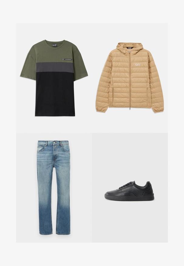 Hellbraune gesteppte Jacke mit Kapuze, Frontreißverschluss und EA7 Emporio Armani-Logo auf der linken Brust.; Grüner T-Shirt mit kurzen Ärmeln, das graue und schwarze horizontale Streifen aufweist, einen Rundhalsausschnitt hat und ein kleines EA7-Logo auf der oberen linken Brust trägt.; Hellblaue Jeans aus Denim mit geradem Schnitt, Verwaschungseffekten, fünf Taschen und einer vorderen Knopfverschluss. Nähte sind entlang der Nähte sichtbar.; Schwarze Leder-Sneaker mit glatter Oberfläche, abgerundeter Zehenpartie, strukturiertem Seitenpaneel und schwarzen Schnürsenkeln. Verfügt über eine flache Gummisohle und ein minimalistisches Design.