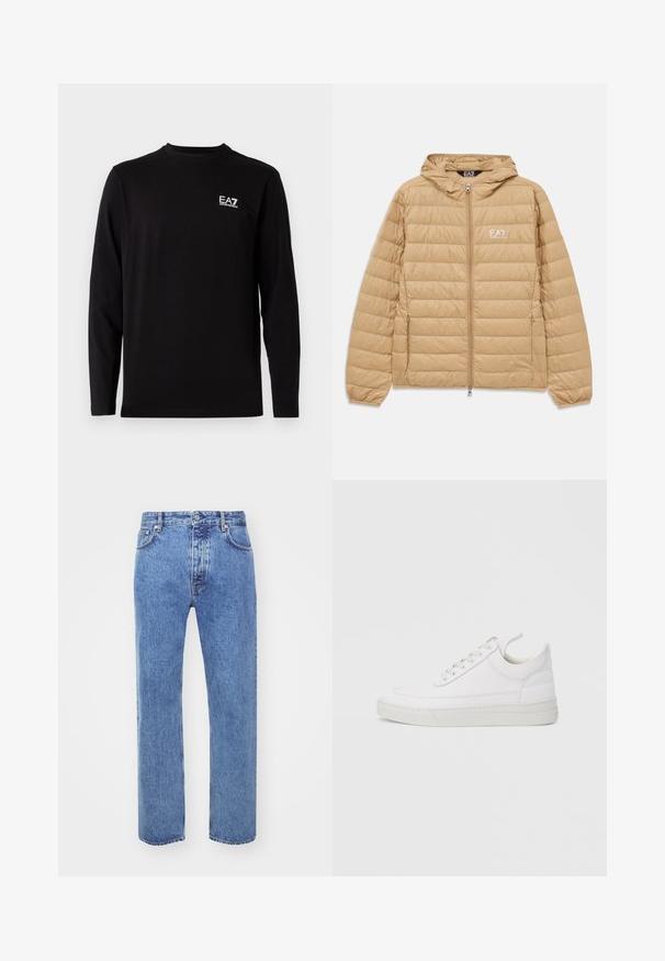 Svetlohnedá prešívaná bunda s kapucňou a predným zipsom, s logom EA7 Emporio Armani na ľavej hrudi.; Čierna košeľa s dlhým rukávom vyrobená z mäkkej tkaniny. Obsahuje malé biele logo na ľavej strane hrude. Jednoduchý, okrúhly výstrih a rovný strih.; Won Hundred STEVE - Džínsy voľného strihu - cut blue; Biela kožená teniska s okrúhlou špičkou, plochou podrážkou a šnurovaním vpredu. Má švy a polstrovaný golier pre pohodlie.