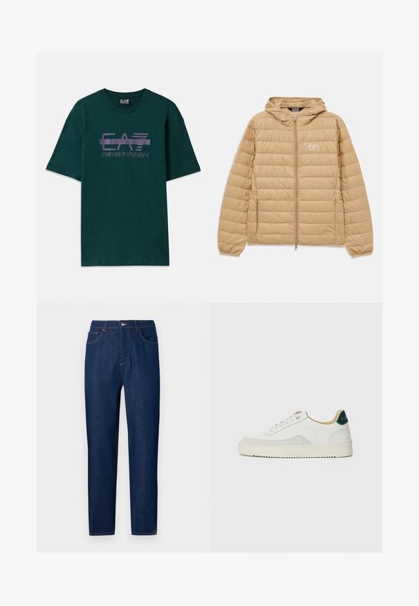 Lysebrun kviltet hættejakke med frontlynlås og EA7 Emporio Armani-logo på venstre bryst.; Mørkegrøn bomulds t-shirt med et lilla logo print "EA7 Emporio Armani" over brystet. Klassisk rund hals og korte ærmer.; Les Benjamins Jeans Straight Leg - rinse wash; Hvide sneakers med ruskindsdetaljer, rund tå, flade snørebånd og en cremet gummisål. Har grøn branding på hælen.