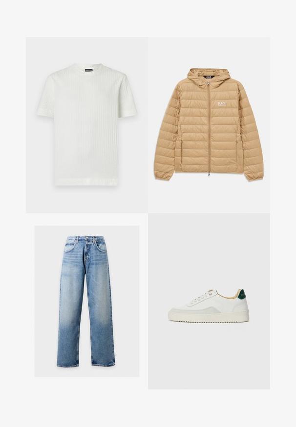 Lichtbruin gewatteerd jack met capuchon, voorzien van een ritssluiting aan de voorkant en het EA7 Emporio Armani-logo op de linkerborst.; Wit T-shirt gemaakt van gestructureerde stof met een ruitpatroon, met een ronde halslijn en korte mouwen.; Lichtblauwe jeans met wijde pijpen, voorzakken, riemlussen en een knoopsluiting tegen een effen achtergrond.; Witte sneaker met suède accenten, ronde neus, platte veters en een crème rubberen zool. Bevat groene branding op de hiel.