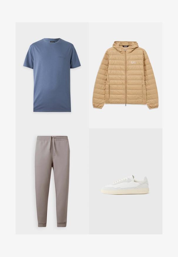 Veste à capuche matelassée marron clair avec fermeture éclair sur le devant et logo EA7 Emporio Armani sur la poitrine gauche.; T-shirt bleu uni à manches courtes avec col rond et petit logo brodé discret sur la poitrine gauche.; Pantalons de survêtement gris clair en tissu doux, dotés d'une taille élastique avec cordon de serrage, de poignets fuselés et de poches latérales.; Baskets blanches avec dessus en daim et cuir texturé. Caractérisées par un bout arrondi, une fermeture à lacets et une semelle en caoutchouc beige contrastante.