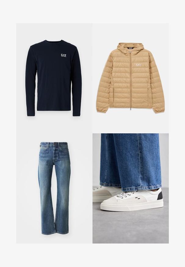 Lichtbruin gewatteerd jack met capuchon, voorzien van een ritssluiting aan de voorkant en het EA7 Emporio Armani-logo op de linkerborst.; Marineblauw langemouw t-shirt van katoen, met een ronde hals en een klein wit EA7-logo op de linkerkant van de borst. Zachte textuur.; Denim jeans in een licht tot gemiddeld blauwe kleur, met een recht gesneden pijp, klassiek vijf-pocket ontwerp en subtiele vervaging aan de voorkant.; Witte en zwarte sneakers met een glad leren bovenwerk, textuuraccenten en een chunky witte zool. Heeft een klassiek vetersluiting ontwerp.