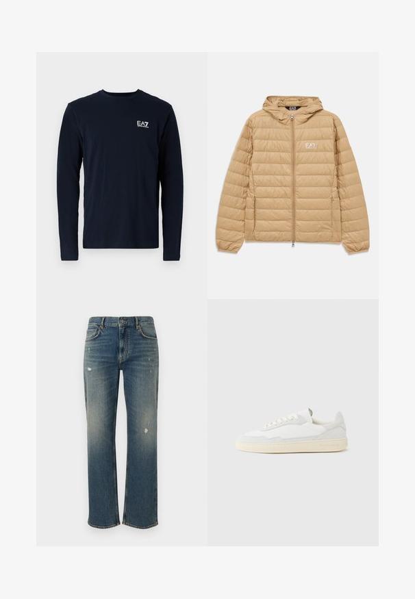 Kergelt pruunist õmblustatud kapuutsiga jakk, millel on ees lukk ja EA7 Emporio Armani logo vasakul rinnal.; Tumesinine pikkade varrukatega T-särk, mis on valmistatud puuvillast, ümarate krae ja väikese valge EA7 logo'ga vasakul rinnal. Sile tekstuur.; Keskmise sinise värvusega teksapüksid otsekäärimisega, millel on kerged fassaadid ja kulunud laigud. Klassikaline viie tasku disain ja pealmine nupu sulgemine.; Valge tennisejalanõu, mille ülemine osa on valmistatud tekstuurse seemisnahast ja nahast. Omab ümarat ninaosa, paeltega sulgurit ja kontrastset beeži kummist tallaga.