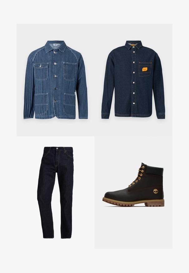 Blauwe spijkerjas met witte verticale strepen, vier voorzakken en metalen knoopsluitingen in het midden.; Donkerblauwe denim shirt met button-down kraag, oranje label op de borstzak en witte knopen. Zachte textuur met contrasterende stikseldetails.; Donkerblauwe spijkerbroek met een rechte pasvorm, voorzien van gele stiksels, vijf zakken en een klassieke knoop- en ritsluiting.; Zwarte leren enkellaars met gouden oogjes, bruine accenten en een rubberen zool. Heeft een gevoerde kraag en geperst logo aan de zijkant.