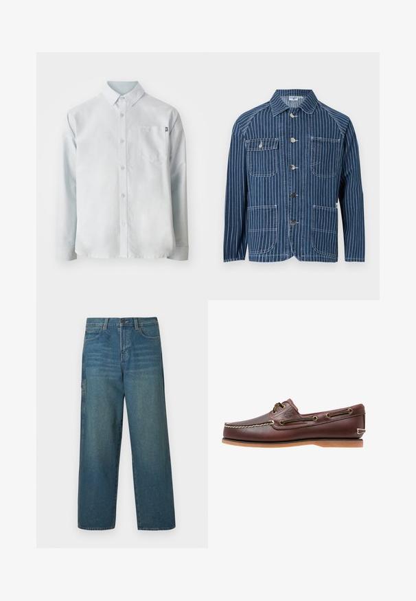 Sinine teksajakk valgete vertikaalsete triipudega, neli esimest taskut ja metallist nööpkinnitused keskelt allapoole.; New Balance OXFORD - Pluus - blue; Keskmise sinise tooniga lahtise lõike ja sirgete säärega teksapüksid, klassikalise viie taskuga disainiga. Lisatud on vööaasad ja nööpidega sulgemine.; Pruun nahast paatking, valgete õmbluste, paelte detailide ja helepruuni kummitaldaga, nähtud küljelt valgel taustal.