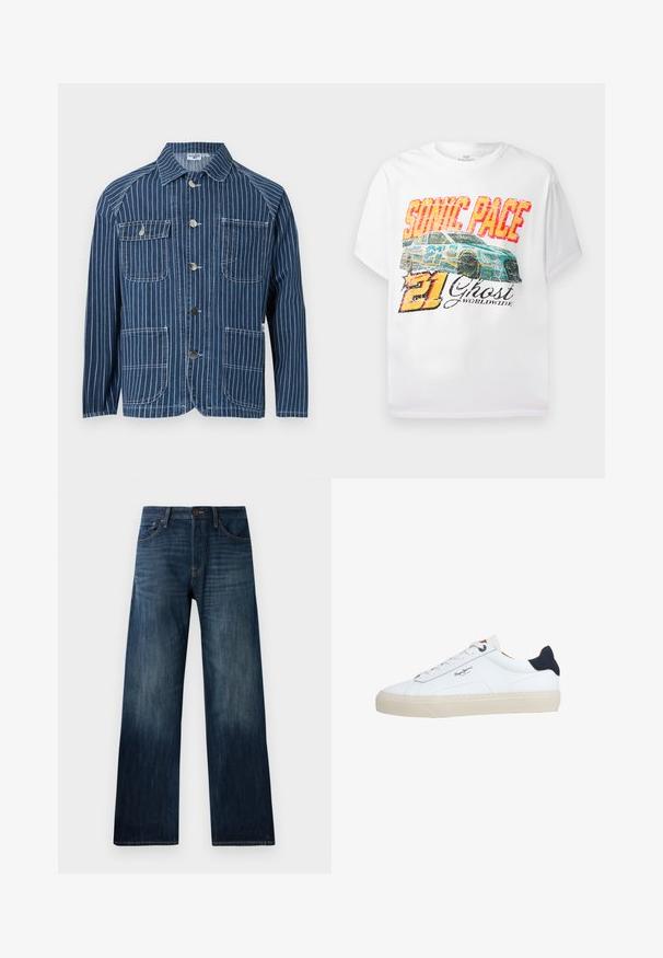 Veste en denim bleu avec des rayures blanches verticales, quatre poches avant et des boutons métalliques au centre.; T-shirt blanc avec un graphisme sur le devant d'une voiture de course bleue, "SONIC PACE" en texte rouge et jaune gras, avec "21 Ghost Worldwide" en dessous en noir.; Jeans en denim bleu foncé avec une coupe droite, présentant une texture légère, des passants de ceinture, et un style classique à cinq poches.; Baskets basses blanches avec semelle beige, lacets blancs, languette de talon noire et logo "Pepe Jeans London" sur le côté.
