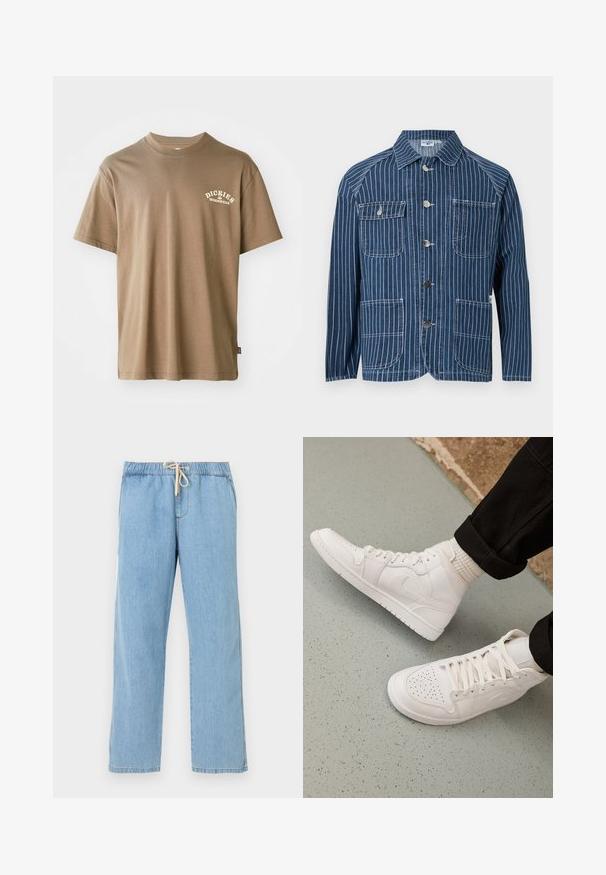 Blauwe spijkerjas met witte verticale strepen, vier voorzakken en metalen knoopsluitingen in het midden.; Bruine katoenen T-shirt met een ronde hals, korte mouwen en een wit logo met de tekst "Dickies Workwear" op de linkerkant van de borst.; Lichtblauwe spijkerbroek met elastische tailleband en beige trekkoord, rechte pijp, twee zijzakken, plat op een witte achtergrond.; Witte hoge sneakers van glad leer met een geperforeerde teen, vetersluiting en subtiele logo-details aan de zijkant. Geprofileerde rubberen zool.