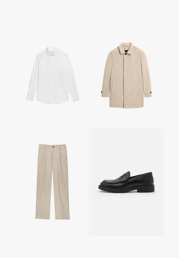 Manteau beige pour homme à simple boutonnage avec col, deux poches avant et poignets boutonnés, présenté sur fond blanc.; Chemise blanche à boutons en tissu lisse, avec un col classique, des manches longues et un ourlet droit sans motifs ni accents.; Pantalon beige à coupe droite, doté d'un seul bouton noir, de passants de ceinture et de poches latérales. Texture de tissu lisse et design minimaliste.; Mocassins en cuir noir avec un bout arrondi, des coutures ton sur ton et un détail de sangle à l'avant. Semelle en caoutchouc avec un petit talon.