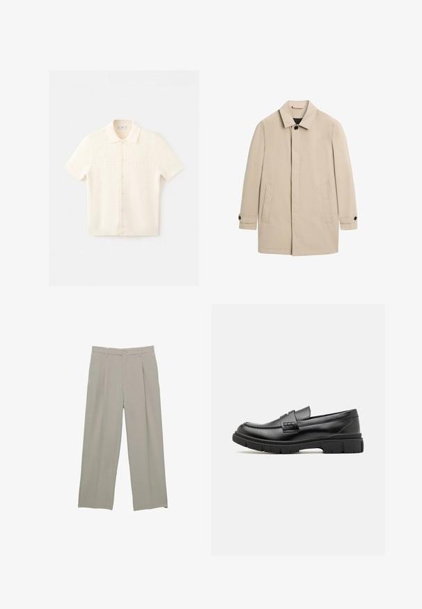 Manteau beige pour homme à simple boutonnage avec col, deux poches avant et poignets boutonnés, présenté sur fond blanc.; Cardigan en maille crème à manches courtes avec texture gaufrée, boutonné devant et col, posé à plat sur fond blanc.; Pantalons larges gris clair avec une texture lisse, dotés de plis à l'avant, d'une fermeture à bouton et de poches latérales.; Mocassin en cuir noir avec une large sangle sur le devant, semelle en caoutchouc à épaisse rainure, et texture lisse. Design classique et élégant.