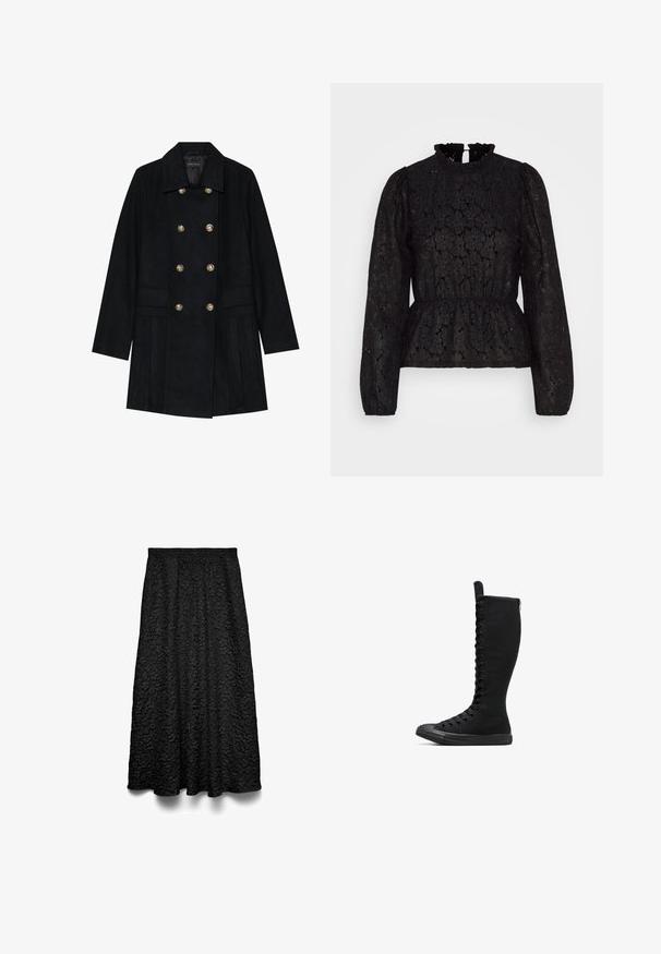 Zwarte dubbelzijdige jas van zachte stof, met gouden knopen, twee voorzakken en een geplooid ontwerp aan de achterkant.; Pieces PCJANESSA - Longsleeve - black; Zwarte A-lijn midirok met elastische tailleband en een getextureerd bloemenpatroon, getoond op een witte achtergrond.; Zwart hoge canvas boots met een afgeronde neus, ritssluiting en veters aan de voorkant. Kenmerkt zich door een gestructureerd oppervlak en rubberen zool.