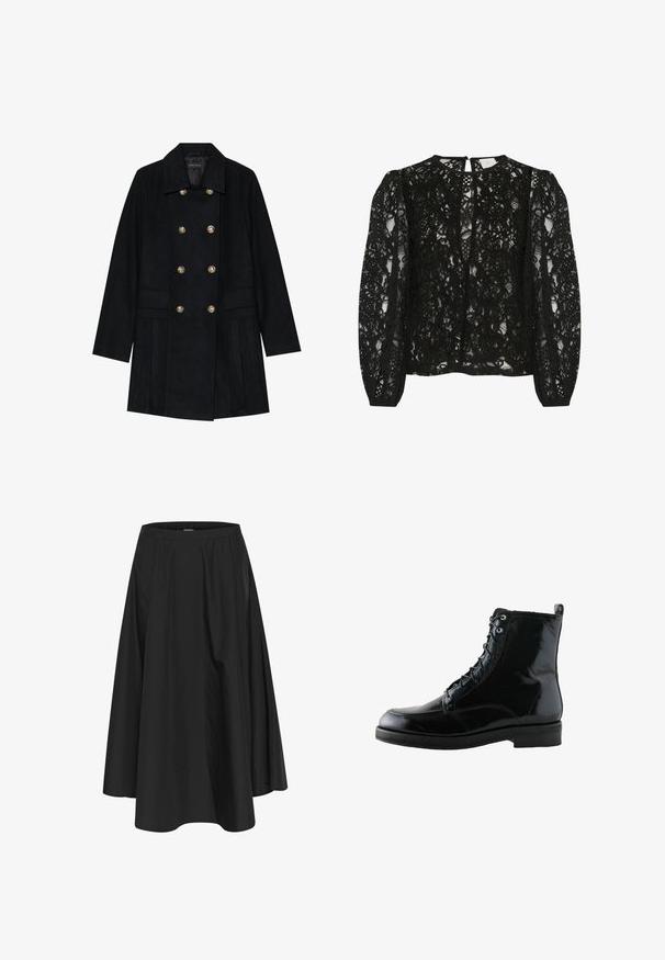 Sort dobbeltbrystet frakke lavet af blød stof, med guldknapper, to forlommer og et plisseret design bagpå.; Sort blonde bluse med lange puffærmer, høj halsudskæring og en nøglehulsåbning bagpå. Det intrikate blomsterdesign tilføjer tekstur.; Sort knælang nederdel med elastisk talje, der har plisseringer for volumen og en glat tekstur. Enkel, klassisk design uden udsmykninger.; Sort patentlæder ankelstøvle med rund tå, snørelukning, syede detaljer og en lav, flad gummisål.