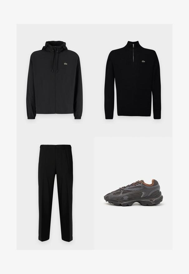 Sort zip-jakke med hætte, lavet af letvægtsmateriale. Har elastiske manchetter og et lille grønt logo på venstre bryst.; Sort letvægts sweater med halv-zip krave, ribbede manchetter og kant, med et lille grønt logo på brystet.; Sorte bukser lavet af glat stof, med lige snit, to forlommer og lynlås med knaplukning.; Lacoste sneakers i mørkegrå med mesh og syntetisk materiale, udstyret med en tekstureret sål og brune accenter på kraven og brandingen.