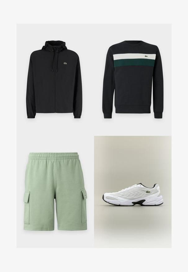 Zwarte zip-up jas met een capuchon, gemaakt van lichtgewicht materiaal. Heeft elastische manchetten en een klein groen logo op de linkerborst.; Donkere sweatshirt met een zwarte basis, voorzien van groene en witte horizontale strepen op de borst en een klein geborduurd logo aan de linkerkant.; Groene katoenen shorts met een elastische tailleband, twee zijvakjes en een klein logo op de linker broekzak.; Witte sportieve schoen met een textuur van gaas bovenwerk, gebogen ontwerp en contrasterende zwarte zool. Heeft een groen geborduurd logo aan de zijkant.