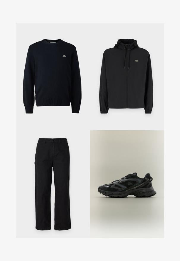 Schwarze Zip-Jacke mit Kapuze, aus leichtem Material hergestellt. Verfügt über elastische Bündchen und ein kleines grünes Logo auf der linken Brust.; Marineblauer Rundhalsausschnitt-Pullover aus weichem Material mit gerippten Bündchen und Saum. Kleines grünes Lacoste-Logo auf der Brust.; Schwarze Baumwoll-Cargohosen mit geradem Bein, ausgestattet mit Seitentaschen und einem vorderen Knopfverschluss. Langlebiger Stoff mit einer glatten Textur.; Schwarzer Sportschuh mit Netz панели, einer strukturierten Sohle, Schnürsenkeln und einer geschwungenen Silhouette mit silbernen Akzenten an den Seiten.