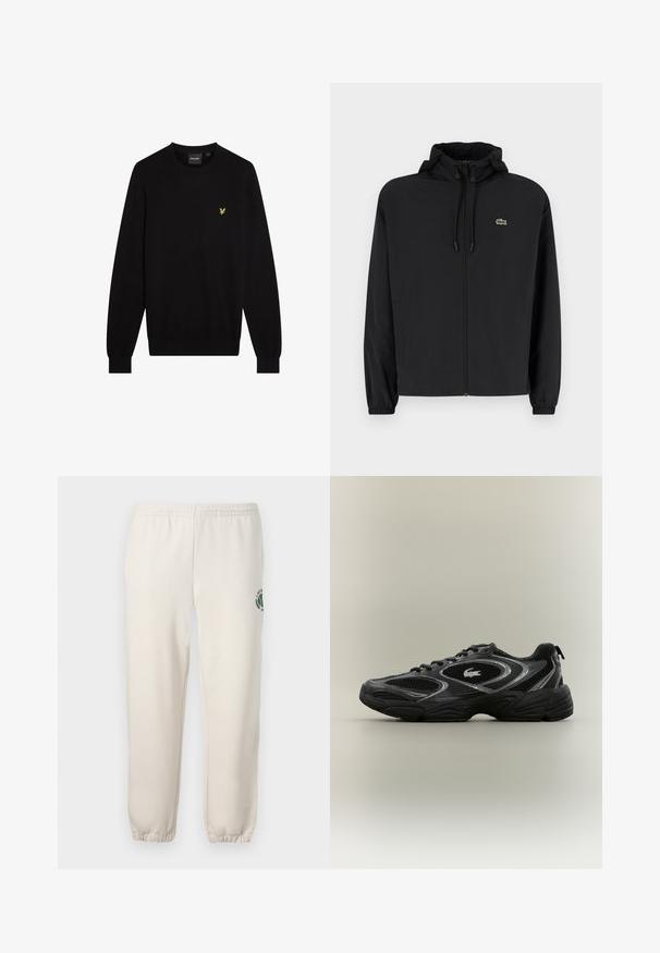 Schwarze Zip-Jacke mit Kapuze, aus leichtem Material hergestellt. Verfügt über elastische Bündchen und ein kleines grünes Logo auf der linken Brust.; Schwarzer Pullover aus weichem Stoff mit Rundhalsausschnitt und langen Ärmeln. Kleines gelbes gesticktes Logo auf der linken Brust.; Helle beige Sweatpants aus Baumwolle mit einem elastischen Bund, gerippten Bündchen und einem grünen Logo mit Blattdesign am linken Bein.; Schwarzer und grauer Sportschuh mit Netzpaneelen, Schnürdesign, dicker Sohle und einem kleinen Krokodil-Logo an der Seite.
