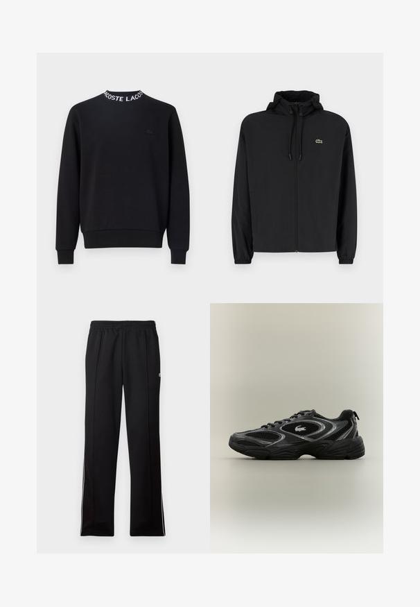 Veste noire à fermeture éclair avec capuche, fabriquée en matériau léger. Présente des poignets élastiques et un petit logo vert sur la poitrine gauche.; Sweatshirt noir avec un col rond, texte "LACOSTE" en blanc, poignets et ourlet côtelés, et un petit logo noir sur la poitrine.; Pantalon de sport noir à longueur complète avec taille élastique et rayures blanches sur les côtés, arborant un petit logo vert sur le côté supérieur.; Baskets de sport noires et grises avec des panneaux en mesh, un design à lacets, une semelle épaisse et un petit logo de crocodile sur le côté.