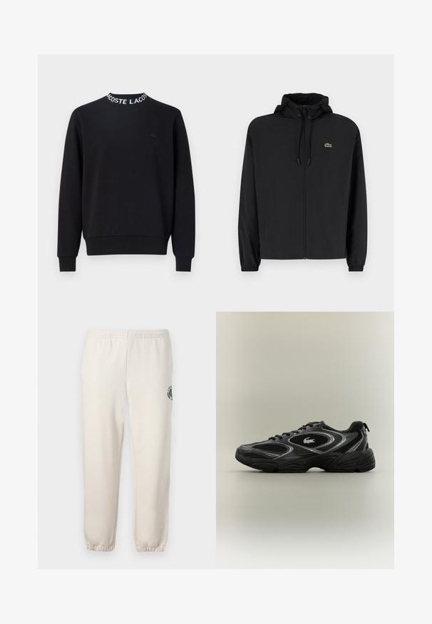 Mustmust jacket, millel näpsuga, kergest materjalist. Omab elastseid mansette ja väikest rohelist logo vasakul rinnal.; Mustmust, millel on ümmargune kaelus valge "LACOSTE" tekstiga, soonikkoes mansetid ja äär ning väike must logo rinnal.; Heledadbežased püksid, mis on valmistatud puuvillast, varustatud elastse vöökohtaga, soonikute lõpetustega ja vasakul jalal on roheline logo lehe kujundusega.; Mustade ja hallide sportlike sneakersiteeritud võrkpaneelidega, sidumisega disain, paks tallaosa ja väike krokodillilogo küljes.