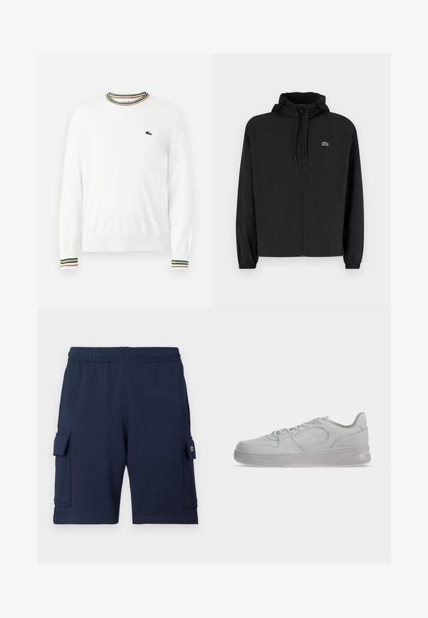 Čierna mikina na zips s kapucňou, vyrobená z ľahkého materiálu. Má elastické manžety a malú zelenú značku na ľavej hrudi.; Biely sveter s okrúhlym výstrihom, ktorý má na golieri a rukávoch pruhy v zelených, červených a oranžových odtieňoch. Logo Lacoste na hrudi.; Námornícky modré cargo šortky vyrobené z mäkkej látky, s elastickým pásom, dvoma bočnými vreckami a malým logom na ľavom vrecku.; Biele nízke tenisky Lacoste so šnúrkami, reliéfne logo na boku a texturovaná podrážka na jednoduchom pozadí.