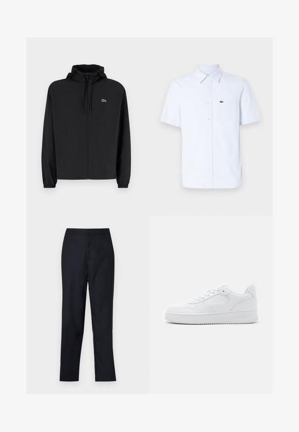 Chaqueta negra con cremallera y capucha, hecha de material ligero. Cuenta con puños elásticos y un pequeño logo verde en el lado izquierdo del pecho.; Camisa de botones de manga corta en azul claro con rayas blancas, que presenta un bolsillo en el pecho y un pequeño logotipo verde en el lado izquierdo.; Pantalones azul marino de tejido suave, con un diseño de pierna recta, cierre de un solo botón y suaves plisados en la parte frontal.; Zapatilla de cuero blanco con caja de punta perforada, cordones planos y cuello acolchado. Presenta un logotipo grabado en el lateral y suela de goma texturizada.