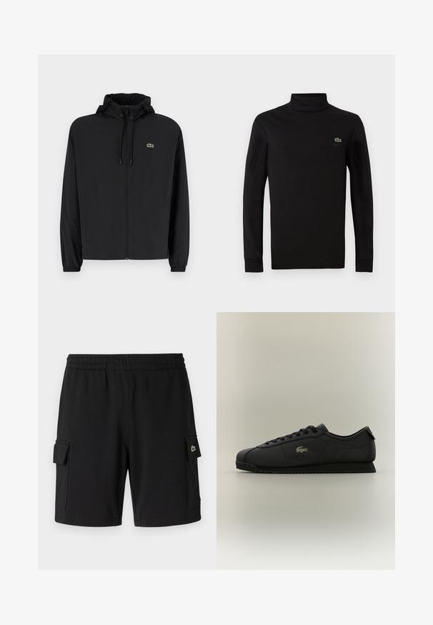Mustmust jacket, millel näpsuga, kergest materjalist. Omab elastseid mansette ja väikest rohelist logo vasakul rinnal.; Must have mustikasärgid, mis on valmistatud siledast puuvillast, musta värvi ja pika varrukaga, vasakus rinnas on väike roheline krokodilli logo.; Mugavad mustad lühikesed püksid pehmest kangast, millel on elastne vöökoht, kaks külgpocketit ja väike logopatch ühe tasku peal.; Madalprofiilne must toss, millel on ees paelad, tekstureeritud tald ja väike krokodillilogoga külg, eksponeeritud ühevärvilisel taustal.