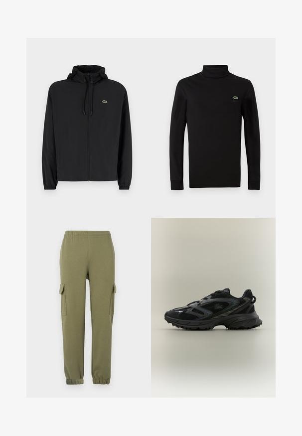 Schwarze Zip-Jacke mit Kapuze, aus leichtem Material hergestellt. Verfügt über elastische Bündchen und ein kleines grünes Logo auf der linken Brust.; Schwarzes langärmeliges Turtleneck aus glattem Baumwollstoff, mit einem kleinen grünen Krokodil-Logo auf der linken Brust.; Cargo-Hosen aus leichtem, olivgrünem Stoff mit Seitentaschen, elastischem Bund und schmal zulaufenden Bündchen für eine bequeme Passform.; Schwarzer Sportschuh mit Netz панели, einer strukturierten Sohle, Schnürsenkeln und einer geschwungenen Silhouette mit silbernen Akzenten an den Seiten.