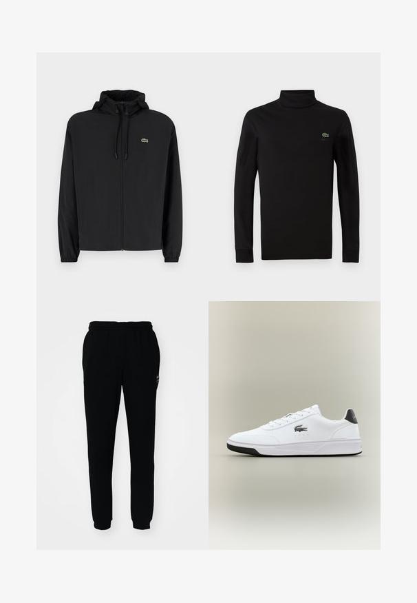 Mustmust jacket, millel näpsuga, kergest materjalist. Omab elastseid mansette ja väikest rohelist logo vasakul rinnal.; Must have mustikasärgid, mis on valmistatud siledast puuvillast, musta värvi ja pika varrukaga, vasakus rinnas on väike roheline krokodilli logo.; Mustad mustad püksid elastse vöökoht ja mansettidega. Valmistatud pehmest kangast, millel on väike logo vasakul ülal.; Valged sünteetilised jooksujalatsid sileda tekstuuriga, ümarate varvasaotustega, mustade aktsentidega kandadel ja Lacoste logo küljes.