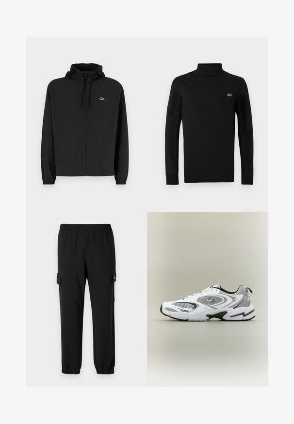 Zwarte zip-up jas met een capuchon, gemaakt van lichtgewicht materiaal. Heeft elastische manchetten en een klein groen logo op de linkerborst.; Zwarte turtleneck met lange mouwen, gemaakt van een gladde katoenstof, met een klein groen krokodillogo op de linkerborst.; Zwarte joggingsbroek met een elastische tailleband, taps toelopende boorden en zijcargo zakken. Gemaakt van een zachte stof met een gladde textuur.; Witte en grijze sportieve hardloopschoen met meshpanelen, groene accenten, zwarte details en een logo aan de zijkant, getoond vanaf de buitenkant.