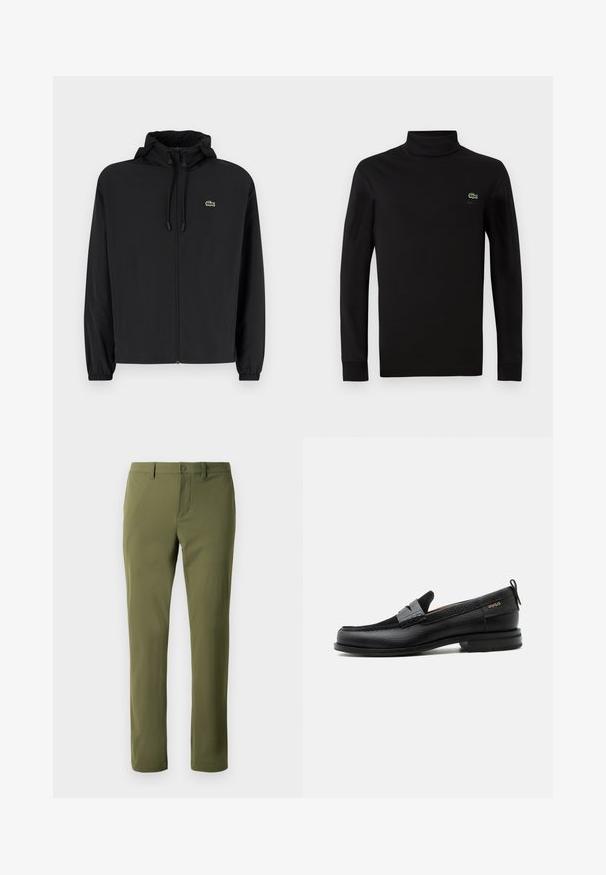 Veste noire à fermeture éclair avec capuche, fabriquée en matériau léger. Présente des poignets élastiques et un petit logo vert sur la poitrine gauche.; Pull à col montant noir à manches longues en coton lisse, avec un petit logo crocodile vert sur la poitrine gauche.; Pantalons verts olive en tissu lisse avec une coupe droite, dotés d'une fermeture à bouton et de passants de ceinture. Pas de motifs ni d'accents visibles.; Mocassin en cuir noir avec détail de bride grise, talon bas et semelle texturée, marqué "HUGO" en or sur le côté.