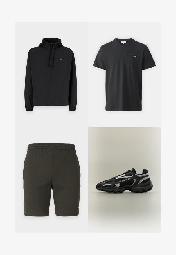 Mustmust jacket, millel näpsuga, kergest materjalist. Omab elastseid mansette ja väikest rohelist logo vasakul rinnal.; Must t-särk mustast puuvillast, v-kaelusega, lühikeste varrukatega ja väikese rohelise tikitud krokodilli logoga vasakul rinnal.; Tumedast rohelised, venitusvööga lühikesed püksid, mis on valmistatud pehmest kangast. Omavad sirget lõiget, servatud jalgu ja väikest logo paremas alaküljel.; Must musta ja hõbedane Lacoste'i tenniseking, millel on võrgutaoline ja sünteetiline ülemine osa, ümar nina, tekstuuriga tald ja bränditud detailid külgedel neutraalsel taustal.