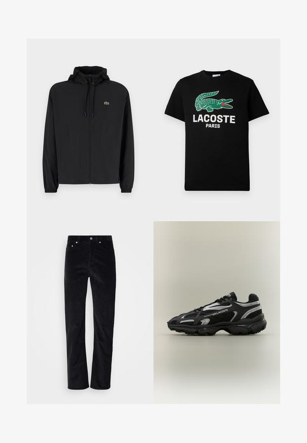 Zwarte zip-up jas met een capuchon, gemaakt van lichtgewicht materiaal. Heeft elastische manchetten en een klein groen logo op de linkerborst.; Zwarte katoenen t-shirt met een groen krokodillenlogo en de tekst "LACOSTE PARIS" in het wit. Korte mouwen en een klassieke ronde hals.; Zwarte corduroybroek met een straight leg ontwerp. Voorzien van een knoopsluiting en vijf-pocket styling. Gestructureerde geribbelde stof.; Zwarte en zilveren Lacoste-sneaker met een bovenwerk van mesh en synthetisch materiaal, ronde neus, gestructureerde zool en merkdetails aan de zijkant op een neutrale achtergrond.
