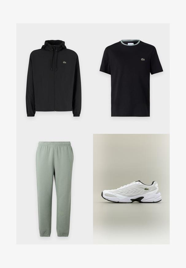 Chaqueta negra con cremallera y capucha, hecha de material ligero. Cuenta con puños elásticos y un pequeño logo verde en el lado izquierdo del pecho.; Camiseta de algodón negra con cuello redondo, que presenta un ribete a rayas en blanco y verde, y un logo de cocodrilo verde bordado en el lado izquierdo del pecho.; Pantalones de chándal verde claro con una cinturilla elástica, piernas ajustadas y puños en los tobillos. Fabricados con un tejido suave y ligero.; Zapatilla deportiva blanca con parte superior de malla texturizada, diseño curvado y suela exterior negra en contraste. Presenta un logo verde bordado en el lateral.