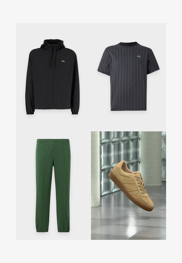 Zwarte zip-up jas met een capuchon, gemaakt van lichtgewicht materiaal. Heeft elastische manchetten en een klein groen logo op de linkerborst.; Zwarte korte mouwen t-shirt met een geometrisch patroon en een groene krokodillenlogo, met een effen zwarte ronde hals.; Groene joggingbroek van zacht materiaal; heeft een elastische tailleband, taps toeloopende pijpen en een klein logo aan de zijkant.; Beige suède sneaker met rubberen zool, veterdesign, zwevend binnenshuis op gepolijst betonnen vloer nabij een glasblokmuur.