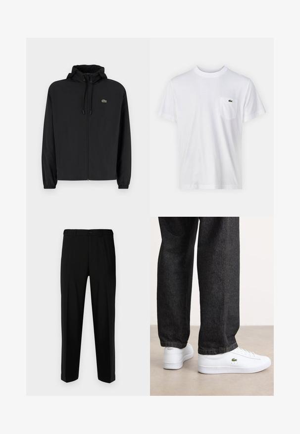 Sort zip-jakke med hætte, lavet af letvægtsmateriale. Har elastiske manchetter og et lille grønt logo på venstre bryst.; Hvid bomulds T-shirt med rund halsudskæring og korte ærmer. Har en lomme på venstre bryst og et lille grønt Lacoste-logo.; Sorte bukser lavet af glat stof, med lige snit, to forlommer og lynlås med knaplukning.; Hvite lærsneakers med et lavprofil-design og grønt logo, parret med mørke denimjeans med gul syning.