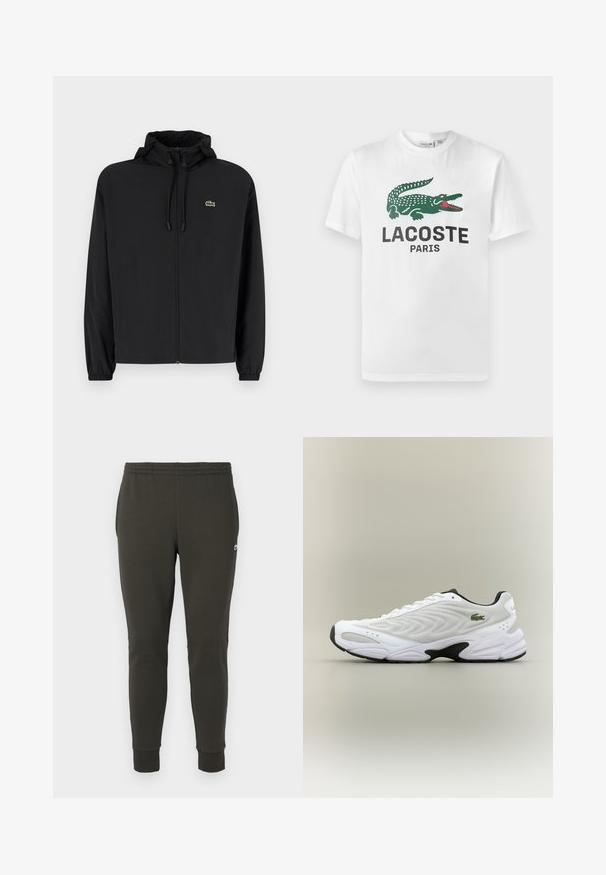 Sort zip-jakke med hætte, lavet af letvægtsmateriale. Har elastiske manchetter og et lille grønt logo på venstre bryst.; Lacoste T-shirts print - white; Mørkegrønne joggers lavet af blødt stof, med elastisk talje, ribbede manchetter og et lille logo på siden.; Hvide atletiske sko med tekstureret mesh-overdel, buet design og kontrasterende sort ydersål. Har en grøn broderet logo på siden.