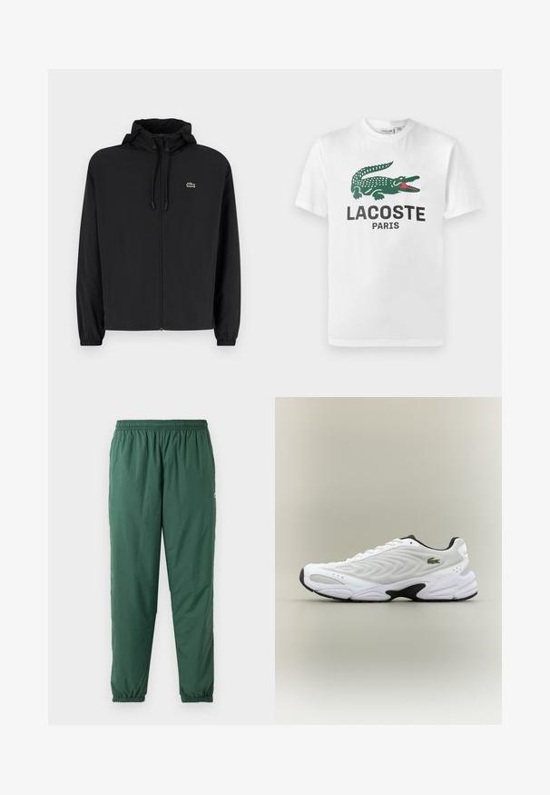 Zwarte zip-up jas met een capuchon, gemaakt van lichtgewicht materiaal. Heeft elastische manchetten en een klein groen logo op de linkerborst.; Lacoste T-shirt print - white; Groene, lichtgewicht, elastische broek met een geplooide tailleband en boorden, gemaakt van een gladde, waterafstotende stof.; Witte sportieve schoen met een textuur van gaas bovenwerk, gebogen ontwerp en contrasterende zwarte zool. Heeft een groen geborduurd logo aan de zijkant.