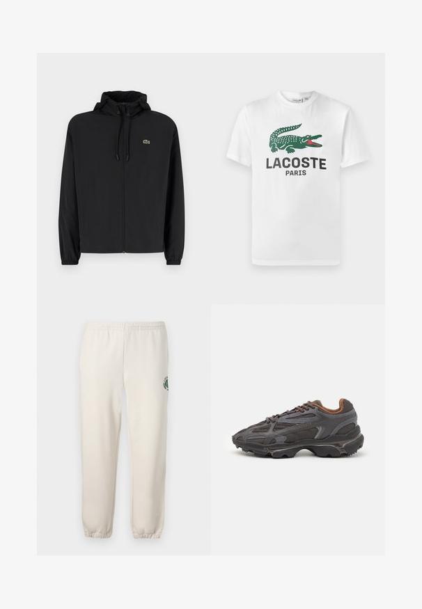 Sort zip-jakke med hætte, lavet af letvægtsmateriale. Har elastiske manchetter og et lille grønt logo på venstre bryst.; Lacoste T-shirts print - white; Lys beige sweatpants lavet af bomuld, med elastisk talje, ribbede mansjetter og et grønt logo med bladdesign på venstre ben.; Lacoste sneakers i mørkegrå med mesh og syntetisk materiale, udstyret med en tekstureret sål og brune accenter på kraven og brandingen.