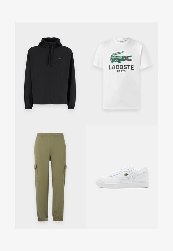Schwarze Zip-Jacke mit Kapuze, aus leichtem Material hergestellt. Verfügt über elastische Bündchen und ein kleines grünes Logo auf der linken Brust.; Lacoste T-Shirt print - white; Cargo-Hosen aus leichtem, olivgrünem Stoff mit Seitentaschen, elastischem Bund und schmal zulaufenden Bündchen für eine bequeme Passform.; Weiße Leder-Sneaker mit perforierten Akzenten, flachen Schnürsenkeln und einem kleinen grünen Logo an der Seite. Gummisohle und gepolsterter Kragen für Komfort.