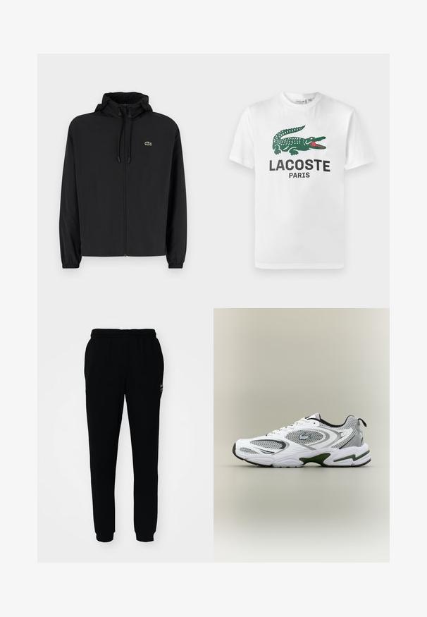 Sort zip-jakke med hætte, lavet af letvægtsmateriale. Har elastiske manchetter og et lille grønt logo på venstre bryst.; Lacoste T-shirts print - white; Sorte sweatpants med elastisk talje og manchetter. Fremstillet af blødt stof med et lille logo på den øverste venstre side.; Hvid og grå sporty løbesko med mesh-paneler, grønne detaljer, sorte elementer og et logo på siden, vist fra ydersiden.