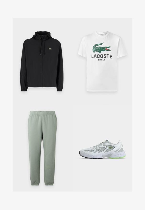 Veste noire à fermeture éclair avec capuche, fabriquée en matériau léger. Présente des poignets élastiques et un petit logo vert sur la poitrine gauche.; Lacoste T-shirt imprimé - white; Pantalons de survêtement vert clair avec une taille élastique, des jambes effilées et des ourlets de cheville côtelés. Fabriqués en tissu doux et léger.; Baskets de sport blanches et grises avec des touches vertes et un logo, panneaux en mesh et une semelle épaisse et rembourrée, vues de côté sur un fond uni.