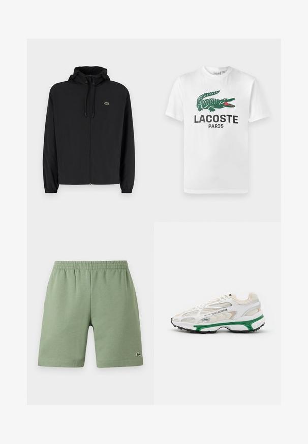 Sort zip-jakke med hætte, lavet af letvægtsmateriale. Har elastiske manchetter og et lille grønt logo på venstre bryst.; Lacoste T-shirts print - white; Grønne bomuldsshorts med elastisk talje, afslappet pasform og et lille broderet logo på nederste venstre side. Glat tekstur, ingen lommer.; Hvide sneakers med grønne accenter og sort gummisål. Har mesh- og syntetiske paneler med en struktureret overflade og synlige sømme.